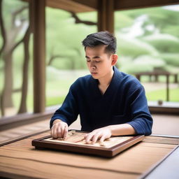 A serene and focused individual mastering the game of Go, seated at a traditional wooden table with a Go board