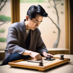 A serene and focused individual mastering the game of Go, seated at a traditional wooden table with a Go board