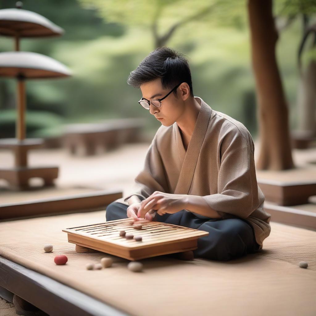 A serene and focused individual mastering the game of Go, seated at a traditional wooden table with a Go board