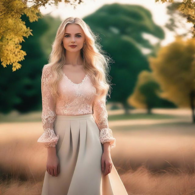 A beautiful blonde woman with long hair, wearing a stylish outfit, standing in a picturesque outdoor setting