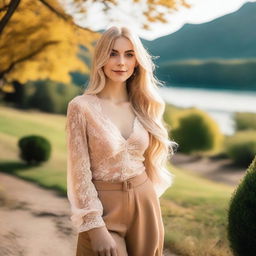 A beautiful blonde woman with long hair, wearing a stylish outfit, standing in a picturesque outdoor setting