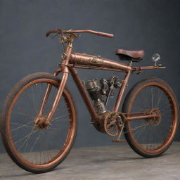 A bicycle transformed into a steampunk masterpiece, featuring vintage design, copper and brass detailing, steam-powered components, and intricate gearwork.