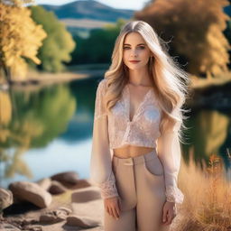 A beautiful blonde woman with long hair, wearing a stylish outfit, standing in a picturesque outdoor setting