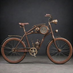 A bicycle transformed into a steampunk masterpiece, featuring vintage design, copper and brass detailing, steam-powered components, and intricate gearwork.