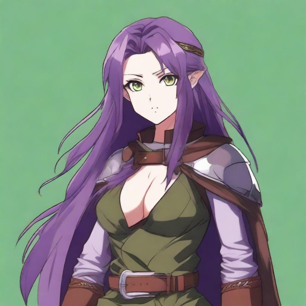 A full-color anime-style image of a young warrior woman with long, straight violet hair and large green eyes