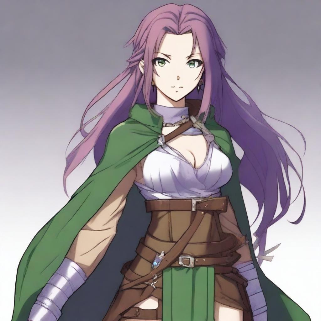 A full-color anime-style image of a young warrior woman with long, straight violet hair and large green eyes