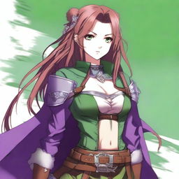 A full-color anime-style image of a young warrior woman with long, straight violet hair and large green eyes