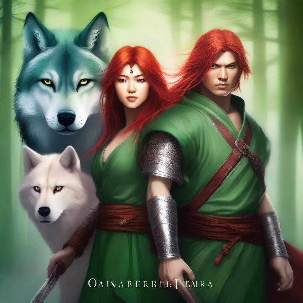 A green fantasy book cover featuring a majestic wolf, a beautiful Asian female warrior holding ninja stars, and a handsome red-haired male warrior