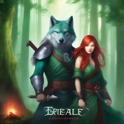 A green fantasy book cover featuring a majestic wolf, a beautiful Asian female warrior holding ninja stars, and a handsome red-haired male warrior