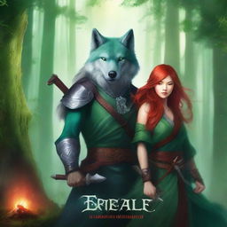 A green fantasy book cover featuring a majestic wolf, a beautiful Asian female warrior holding ninja stars, and a handsome red-haired male warrior