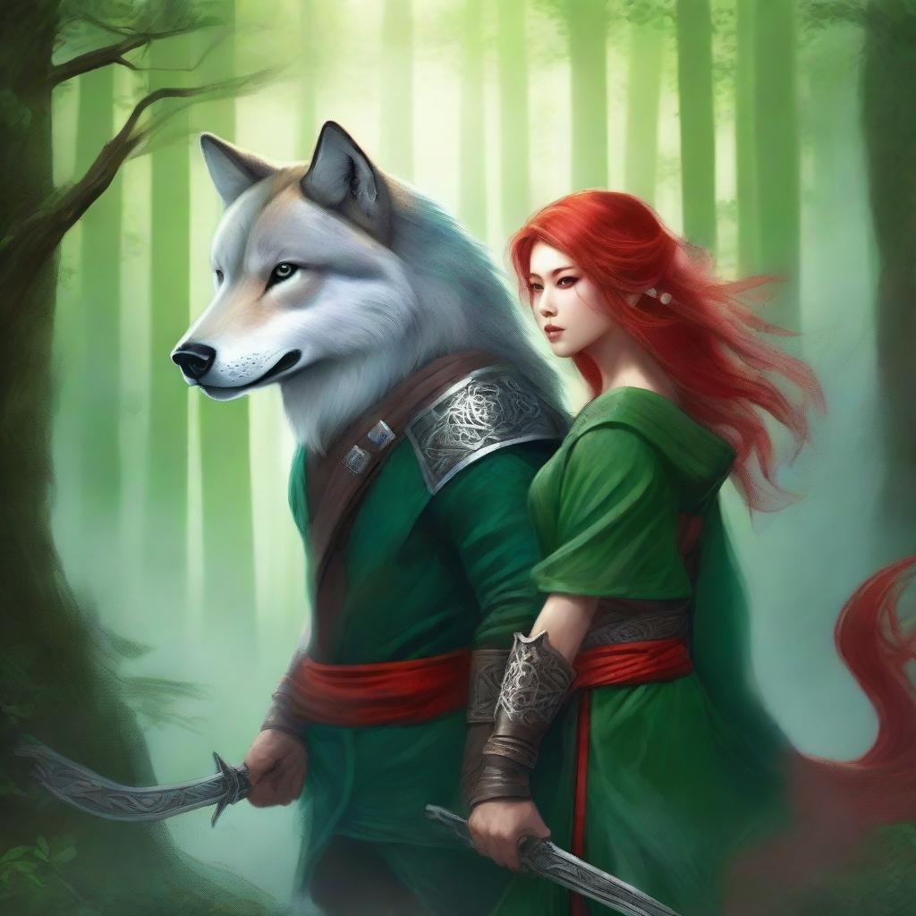 A green fantasy book cover featuring a majestic wolf, a beautiful Asian female warrior holding ninja stars, and a handsome red-haired male warrior