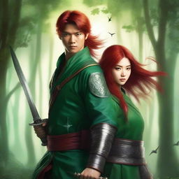 A green fantasy book cover featuring a beautiful Asian female warrior holding ninja stars, and a handsome male warrior with red hair