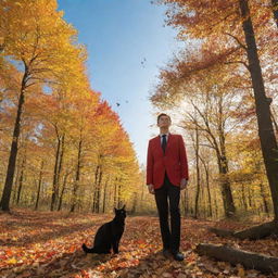 An autumn forest with medium-sized trees, blanketed with yellow and orange leaves. A black cat sits under the bright golden sun and blue sky dotted with white clouds. A man in a red blazer and black pants stands next to the cat, with birds in flight above.