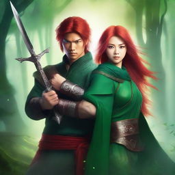 A green fantasy book cover featuring a beautiful Asian female warrior holding ninja stars, and a handsome male warrior with red hair