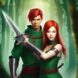 A green fantasy book cover featuring a beautiful Asian female warrior holding ninja stars, and a handsome male warrior with red hair