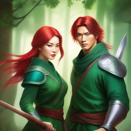 A green fantasy book cover featuring a beautiful Asian female warrior holding ninja stars, and a handsome male warrior with red hair