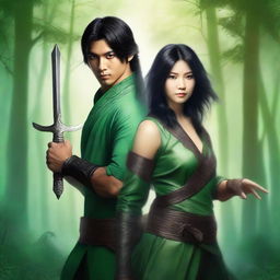 A green fantasy book cover featuring a handsome male warrior and a beautiful black-haired Asian female warrior holding ninja stars