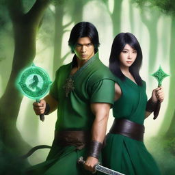 A green fantasy book cover featuring a handsome male warrior and a beautiful black-haired Asian female warrior holding ninja stars