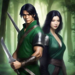 A green fantasy book cover featuring a handsome male warrior and a beautiful black-haired Asian female warrior holding ninja stars