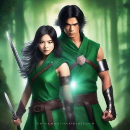 A green fantasy book cover featuring a handsome male warrior and a beautiful black-haired Asian female warrior holding ninja stars