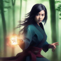 A fantasy book cover featuring a beautiful Asian female ninja in an action pose, holding ninja stars