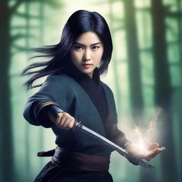 A fantasy book cover featuring a beautiful Asian female ninja in an action pose, holding ninja stars