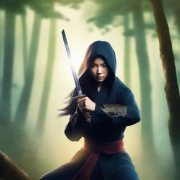 A fantasy book cover featuring a beautiful Asian female ninja in an action pose, holding ninja stars