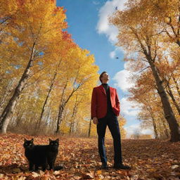 An autumn forest with medium-sized trees, blanketed with yellow and orange leaves. A black cat sits under the bright golden sun and blue sky dotted with white clouds. A man in a red blazer and black pants stands next to the cat, with birds in flight above.