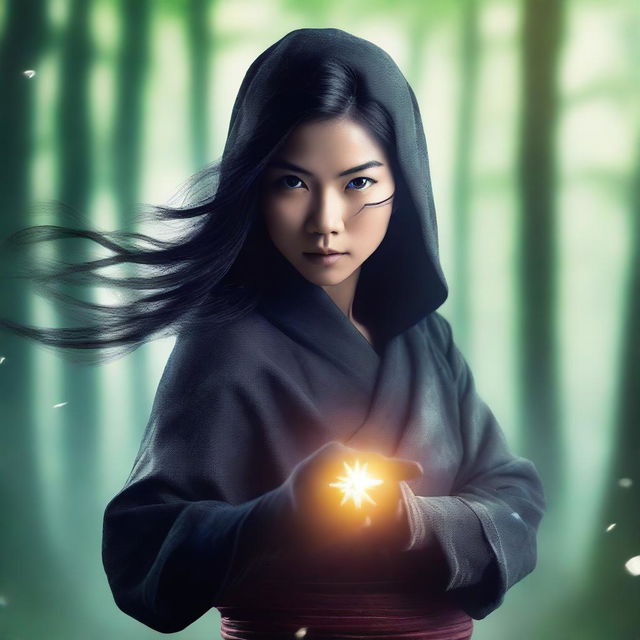 A fantasy book cover featuring a beautiful Asian female ninja in an action pose, holding ninja stars