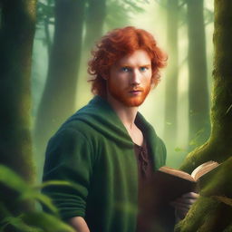 A fantasy book cover featuring a handsome red-haired man with green eyes