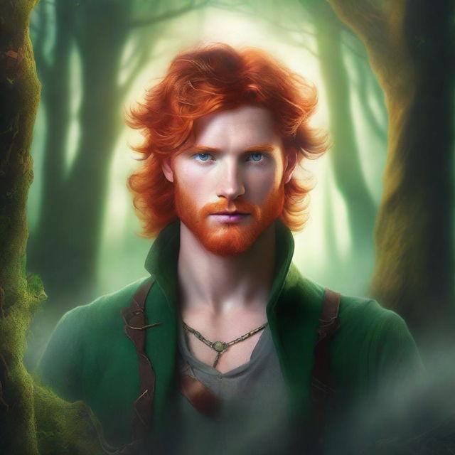 A fantasy book cover featuring a handsome red-haired man with green eyes