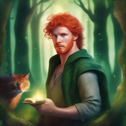 A fantasy book cover featuring a handsome red-haired man with green eyes