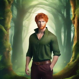 A fantasy book cover featuring a handsome red-haired man with green eyes