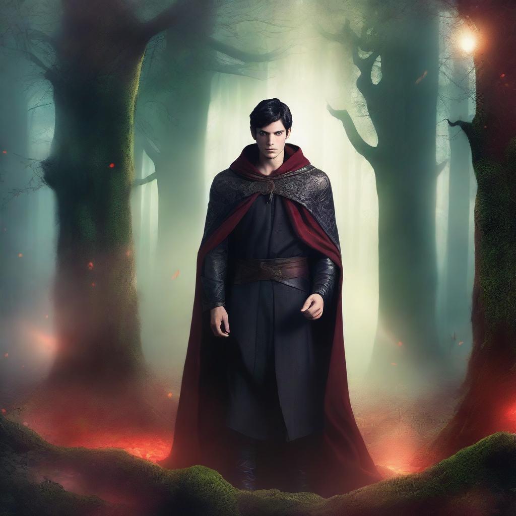 A fantasy book cover featuring a handsome black-haired man with red eyes, wearing a cloak