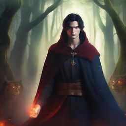 A fantasy book cover featuring a handsome black-haired man with red eyes, wearing a cloak