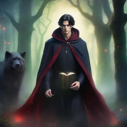 A fantasy book cover featuring a handsome black-haired man with red eyes, wearing a cloak