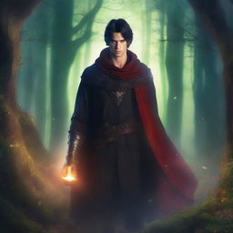 A fantasy book cover featuring a handsome black-haired man with red eyes, wearing a cloak