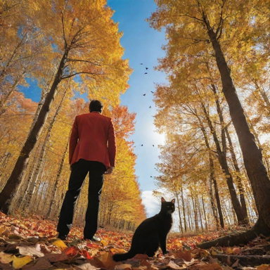 An autumn forest with medium-sized trees, blanketed with yellow and orange leaves. A black cat sits under the bright golden sun and blue sky dotted with white clouds. A man in a red blazer and black pants stands next to the cat, with birds in flight above.