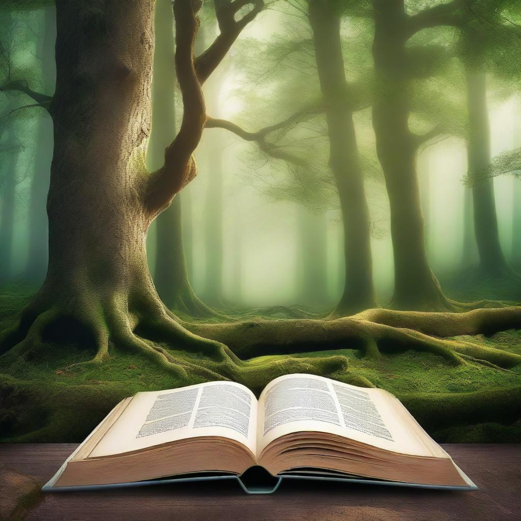 Create a captivating book cover featuring a mystical forest with ancient trees and a hidden path