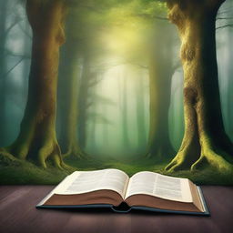 Create a captivating book cover featuring a mystical forest with ancient trees and a hidden path