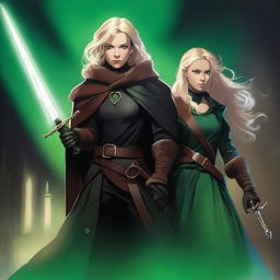 Aurora is a woman in black leather with a brown fur-lined cloak, featuring a glowing jade cuff on her arm