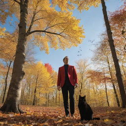 An autumn forest with medium-sized trees, blanketed with yellow and orange leaves. A black cat sits under the bright golden sun and blue sky dotted with white clouds. A man in a red blazer and black pants stands next to the cat, with birds in flight above.