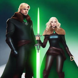 Aurora is a woman in black leather with a brown fur-lined cloak, featuring a glowing jade cuff on her arm