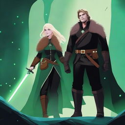 Aurora is a woman in black leather with a brown fur-lined cloak, featuring a glowing jade cuff on her arm