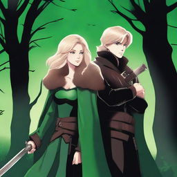 Aurora is a woman in black leather with a brown fur-lined cloak, featuring a glowing jade cuff on her arm