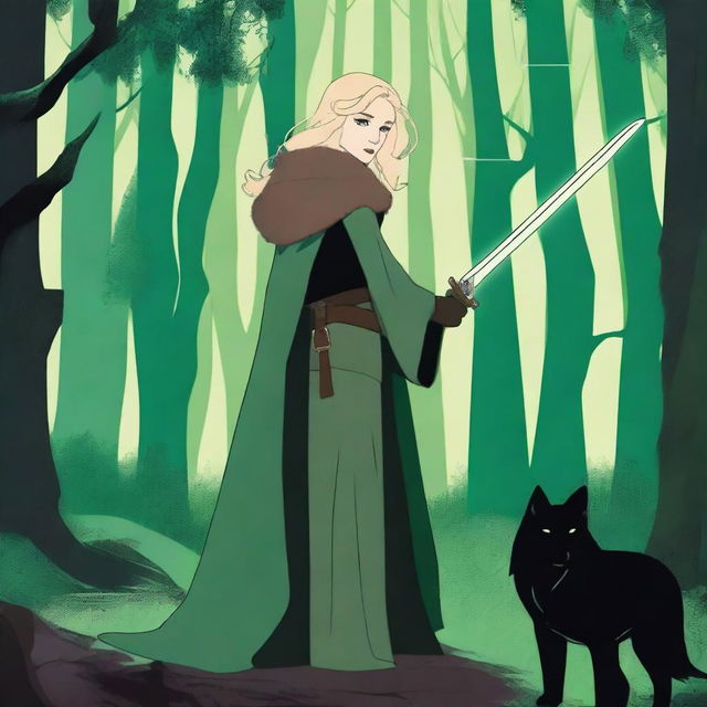 Aurora is a blonde woman facing the viewer, dressed in black leather with a brown fur-lined cloak