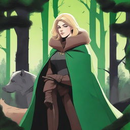 Aurora is a blonde woman facing the viewer, dressed in black leather with a brown fur-lined cloak