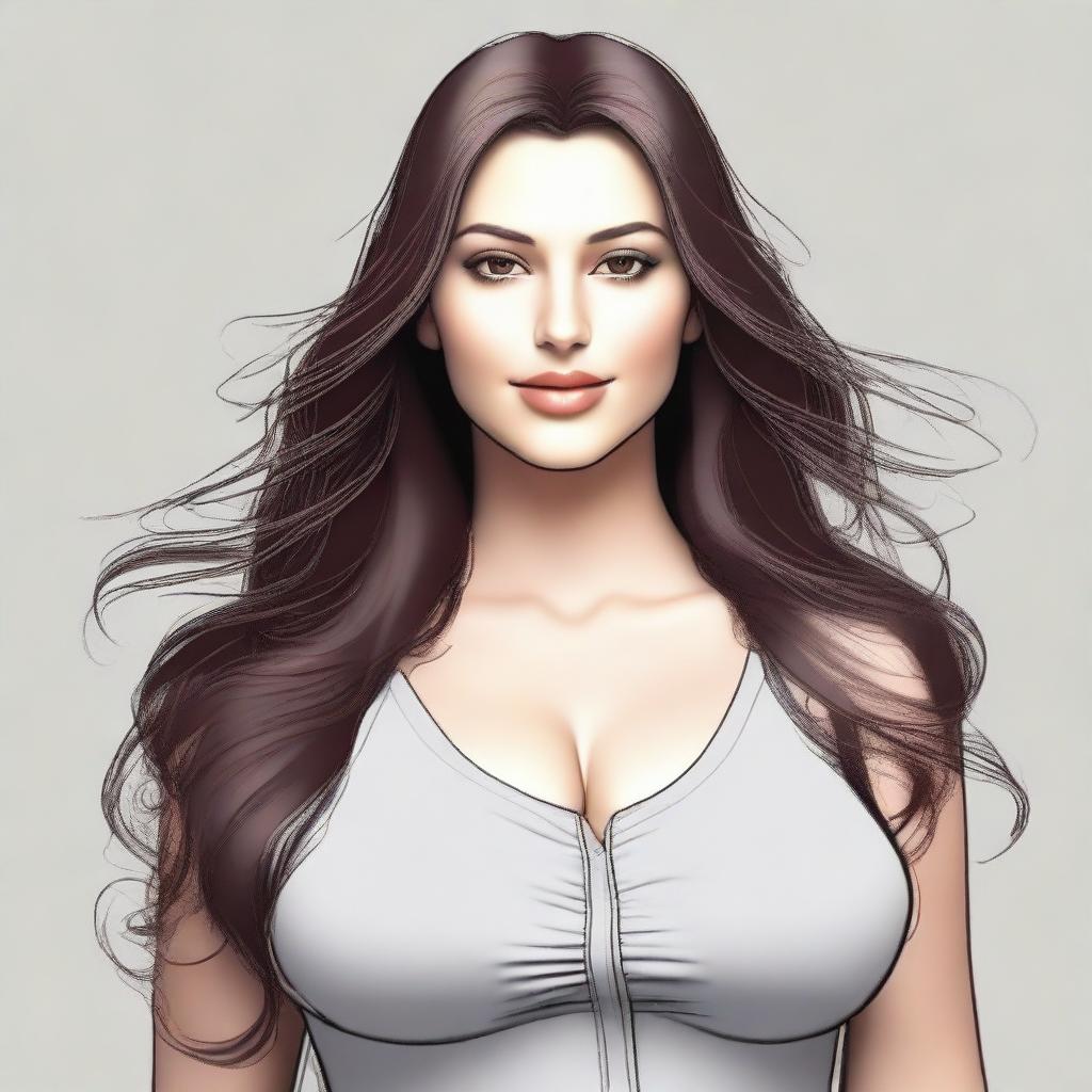 Create a realistic image of a woman with long hair and brown eyes, using the face from the provided reference image