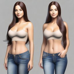 Create a realistic image of a woman with long hair and brown eyes, using the face from the provided reference image