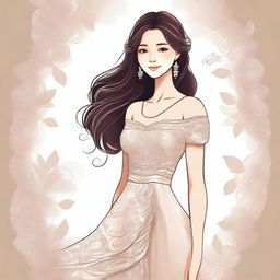 A detailed illustration of a girl wearing a beautiful dress